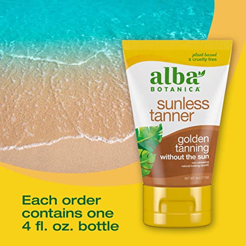 Alba Botanica Sunless Tanner, Self-Tanning Lotion for Face and Body, Golden Tanning without the Sun, Non-Streaking and Natural Looking Self-Tanner, 4 oz. Tube (Pack of 2)
