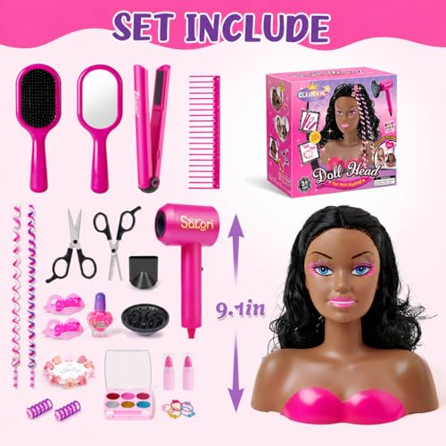 Cleboen Kids Hair Styling Doll Head Playset with Hairdryer & Accessories