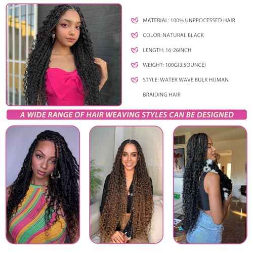 Human Braiding Hair Water Wave Boho Braids Human Hair Bulk Human Hair for Braiding 100g 2Bundle/Pack No Weft Bundles for Braiding Micro Human Braiding Hair for Boho Braids (26 Inch)