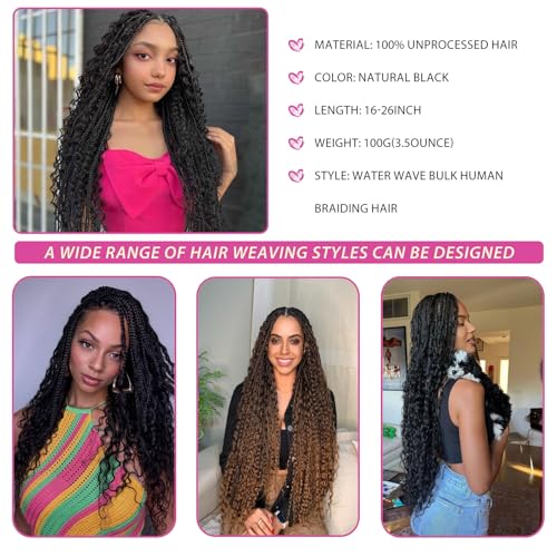 Human Braiding Hair, 3 Bundles 150g Water Wave Bulk Boho Hair for Braiding, 12A Curly Human Braiding Hair for Boho Knotless Braids Bundles Natural Color 20 Inch