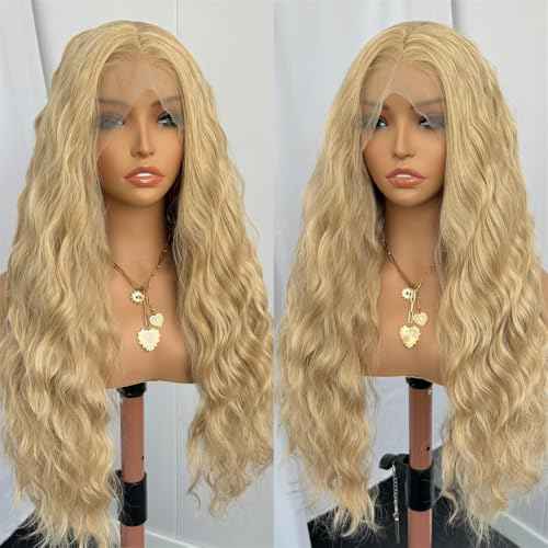 RDY Ash Blonde Long Body Wave Lace Front Synthetic Wig 24inch Mix Blonde Loose Wavy Lace Front Wigs for Women Heat Fiber Hair Half Hand Tied Cosplay Daily Use Wig