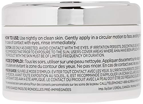 L'Oréal Paris Revitalift Bright Reveal Anti-Aging Exfoliating Peel Pads with Glycolic Acid, Reduce Wrinkles & Brighten Skin, 30 Count (Pack of 1)