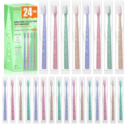 24 Pack Premium Disposable Toothbrush with Tongue Scraper ? Individually Wrapped Bulk Travel Toothbrushes, Soft Bristles for Guests, Hotel, Vacation Rental, Home & On The Go,4 Colors
