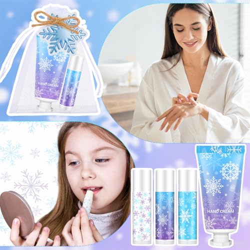 50 Set Christmas Winter Snowflake Hand Cream Lip Balm Bulk Set Woman Christmas Gift Include 50 Lip Balm 50 Hand Cream 50 Bag 50 Tag for Winter Xmas Stocking Stuffers