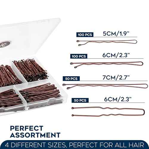 300 Pack Brown Bobby Pins Set by Luxurecourt, 3 Assorted Sizes of Large and Small Premium Bobby Pins + Regular Size U Shaped Hair Pins for Buns, Updo Style - Nonslip with Rounded Ends.