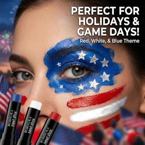Patriotic Red White Blue Face Paint Stick Set with Glitter Stickers