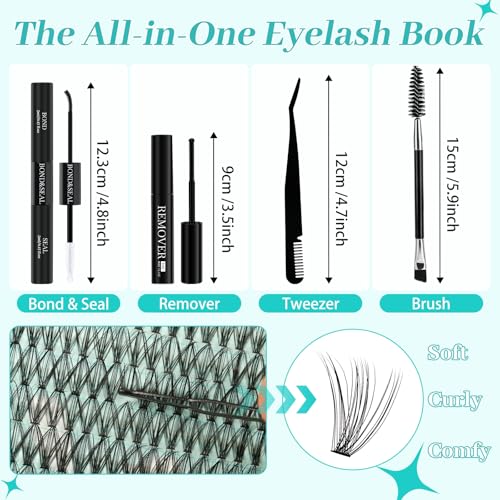 Lash Clusters Kit 640Pcs, 30D+40D+50D+60D Eyelash Extension Kit, Lash Bond and Seal Waterproof, Lash Remover, Lash Applicator Tool and Function Brush for DIY Lash Extension Kit(D-Mix9-16mm Kit)