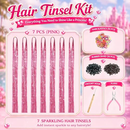 Pink Hair Tinsel Kit - Glitter Hair Extensions for Girls & Women - Includes Tools & Micro Rings
