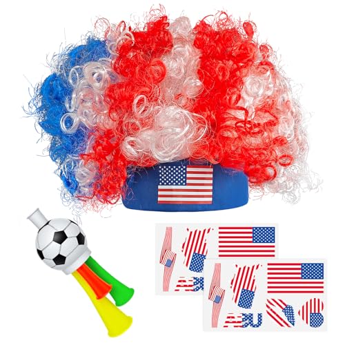 Soccer Fan Gear Set with Clown Wig, Tattoos & Horn