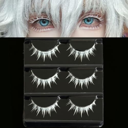 White False Wispy Eyelash Anime Cosplay Spiky Eyelashes Japanese Style Makeup Manga Lashes for Halloween Cosplay Party Stage Masquerade (3 Pairs) (white)