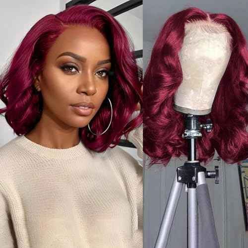 Burgundy Wig Human Hair 13x6 99j Burgundy Lace Front Wigs Human Hair Bob Wigs For Black Women Glueless Wigs Human Hair Pre Plucked Pre Cut 99j 13x6 Hd Transparent Lace Front Body Wave Wig 10 Inch