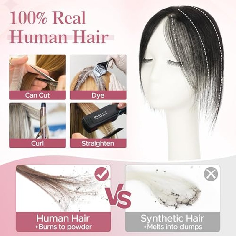 Human Hair Topper with Curtain Bangs - 11 Inch Clip-In for Thinning Hair