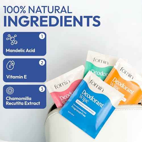 FOMIN Acidified Travel Deodorant Wipes For Women & Men - 15 Count - Variety Pack - pH Balanced, Mini Deodorant Travel Size Wipe - Plastic-Free, Individually Wrapped Underarm Body Wipes