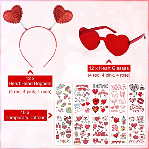 PLULON 34 Pieces Valentines Heart Headbands Heart Shape Sunglasses Temporary Tattoos Stickers Valentines Day Accessories Red Head Bopper Grasses for women Party Props Holiday Birthday