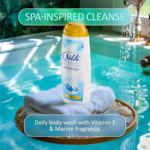 SILK Moisturizing Body Wash for Woman & Man - Daily Hydrating Shower Gel and Foaming Cleanser with Vitamin E and Glycerin, Rich Lather for Dry Skin Care, Sea Minerals Scent, 16.9 Fl Oz (Pack of 6)