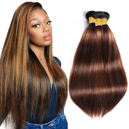 Freiuoke 300g P4/30 Light Brown Straight Hair Bundles 20/22/24in - 3 Bundles Virgin Brazilian