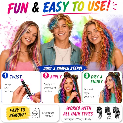 Jim&Gloria Washable Hair Chalk Kit - 8 Vibrant Colors for Kids