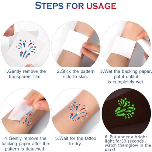 288 Patriotic Temporary Tattoos - 48 Designs, Glow in Dark