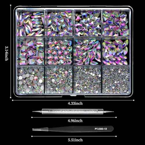 1660Pcs Crystal AB Nail Art Rhinestones: 8 Types of Multi Shapes Diamonds + 4 Sizes Flatback DIY Crafts Rhinestone Crystals 3D Glass Stones Set + Tweezer + Pickup Pen
