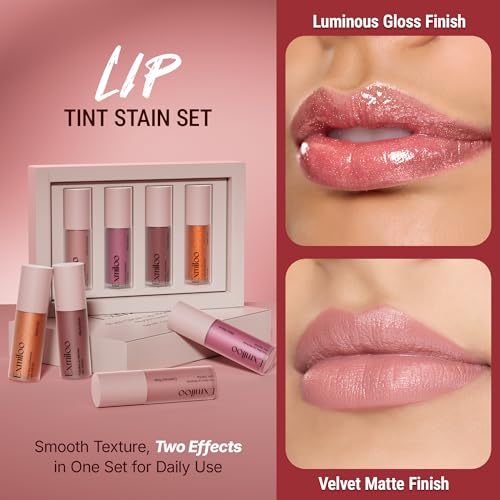 exmiloo Mini Lip Tint Stain Set ? 4 Colors Liquid Lip Stain Kit for Matte & Glossy Finish, Lightweight Lip and Cheek Tint for Women and Girls, Vegan & Cruelty-Free