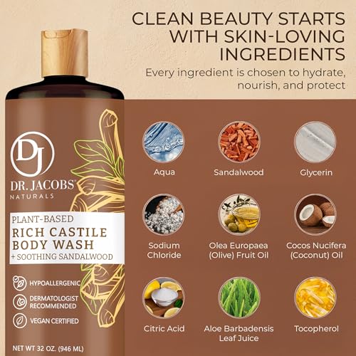 Dr. Jacobs Naturals Pure Castile Soap Liquid Body Wash, Sandalwood - Plant Based Soap Infused with Vitamin E and Aloe Vera to Moisturize Dry and Sensitive Skin - Made in the USA - 32 oz, Pack of 2