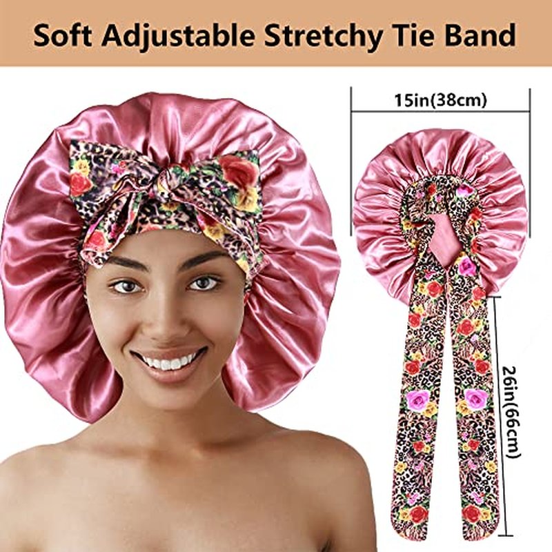 2-Pack Large Satin Bonnet with Tie Band for Curly Hair