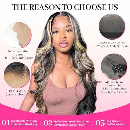 Ombre Body Wave Lace Front Wig Human Hair Pre Plucked 1B/27 Highlight Lace Front Wig Human Hair 200% Density HD Lace Frontal Glueless Wigs For Black Women 20Inch