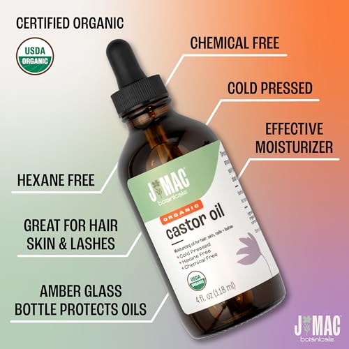 J MAC BOTANICALS Organic Castor Oil, 100% Pure (4oz Glass Bottle with Dropper) - for Eyelashes, Eyebrows, Hair & Skin