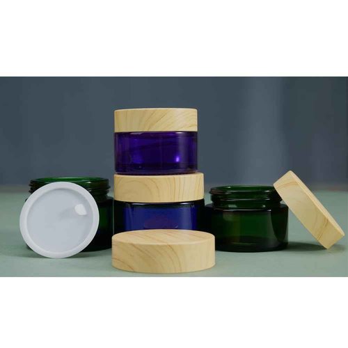 4Pack 30g 1 oz Glass Cream Jars, Green Empty Sample Jars Cosmetic Containers Pot with Wood Grain Lids for Lotion, Lip Balm, Eye Cream, Scrubs, Oils, Salves, Ointments