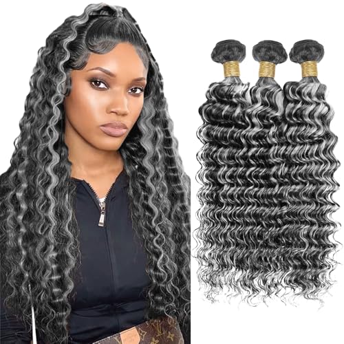 Fridnae 26 Inch Grey & Silver Deep Wave Human Hair Bundles Ombre Two Tone Hair Extensions