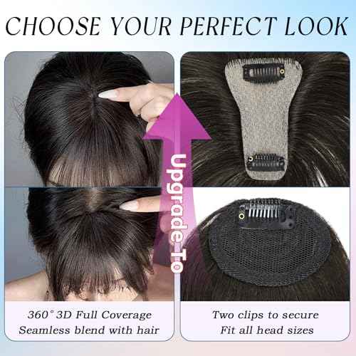 Hair Toppers for Women Real Human Hair, 360¡Æ Cover Clip in Bangs Medium Brown Wispy Bangs HairPieces for Women Daily (Medium Brown, 3D Bangs)