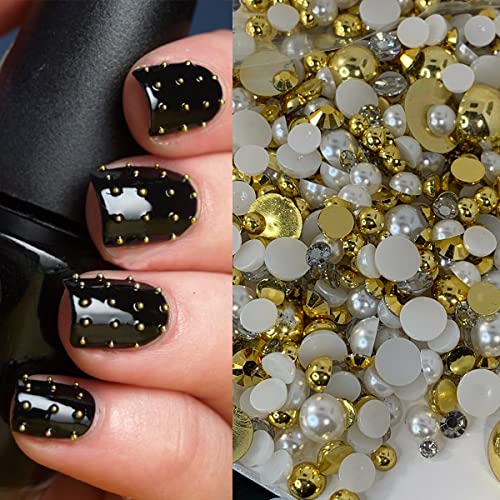 Face Pearl Gems Nail Rhinestone Stickers Makeup Diamonds Jewels for Eyes Hair Body Flat Pearls Temporary Tattoo Dots for Women 3D Self Adhesive Festival Bling Crystal 4 Sheets 2800 PCS (gold)