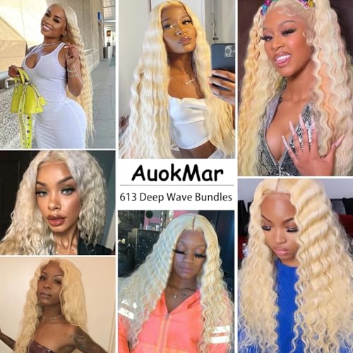 AuokMar 613 Deep Wave Human Hair Bundles #613 GD 22/24/26 Inch Blonde Virgin Remy Extensions