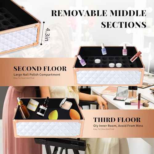 AROUS Rolling Makeup Train Case 4 in 1 Cosmetology Case on Wheels Large Storage Cosmetic Trolley with Key Salon Barber Case Traveling Cart Trunk,White