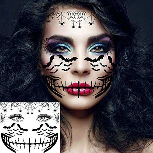 4 Sheets Scary Halloween Face Temporary Tattoos For Women Men, 3D Witch Zombie Makeup Kit For Kids Girls Boys Adults, Dia de los muertos Day of the Dead Makeup Face Tattoos Spider Web Bat Scar