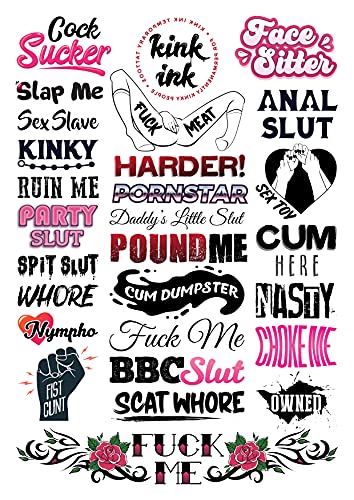 Kinky Words Temporary Tattoo Sheet – 27 Adult Designs