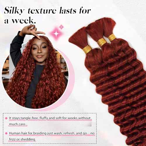 24 Inch Deep Wave Human Braiding Hair for Boho Braids ? 120g 3 Bundles/Pack Copper 350# 100% Unprocessed 12A Brazilian Virgin Human Hair Bulk, No Weft, Wet & Wavy Curly Extensions
