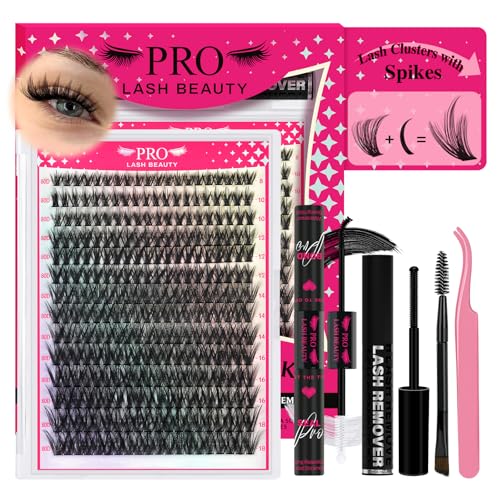 PROLASHBEAUTY Spiky Lash Clusters Manga Lash Clusters Kit 80 Thick Individuals Lashes with Spikes Lash Bond and Seal Lash Remover Lash Tweezer Apply at Home(80D, 8-18mix)