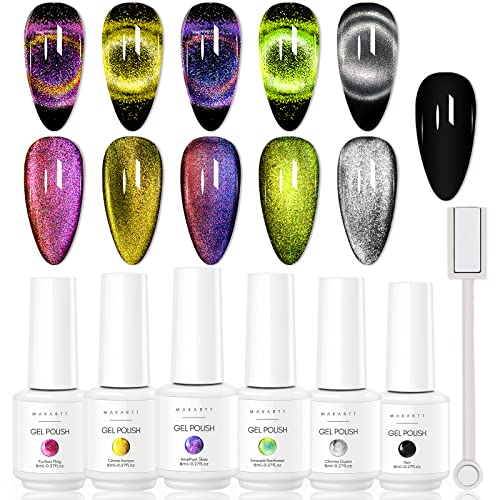Makartt Gel Nail Polish Magnetic Cat Eye 9D Black Hole Gel Nail Polish Bundle Builder Nail Gel 15ml 5 in 1 Multifunctional Clear Gel Nail Polish