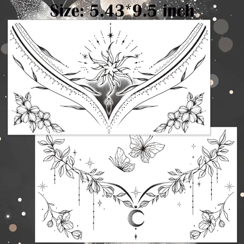 Tazimi 10 Sheets Large Black Flower Chest Underboob Temporary Tattoos for Women &Waist Back Fake Tattoos for girl Adults, Realistic Mandala Flower branch Tattoo Stickers Body Art