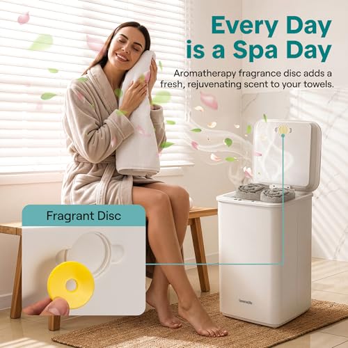 SereneLife Luxury White Towel Warmer - Heated Bathroom Towel Rack with Auto Shut Off & Scent Disc