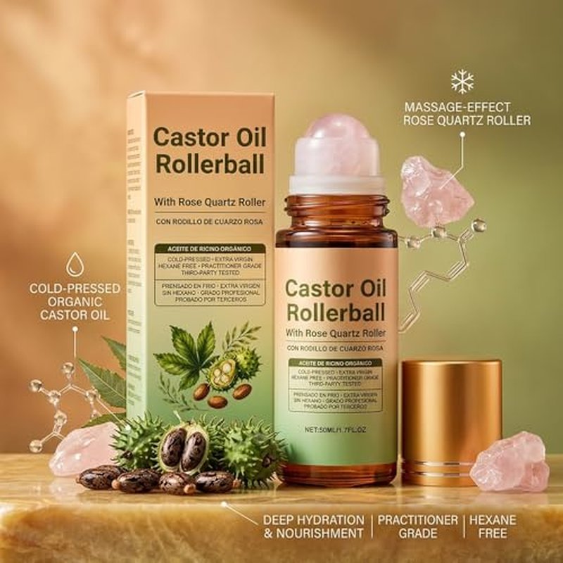 Cold Pressed Castor Oil with Rose Quartz Roller for Skin & Hair