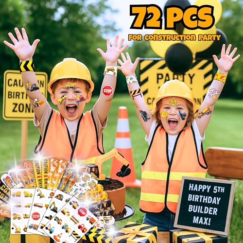 72PCS Construction Party Favors Set - Tattoos & Slap Bracelets