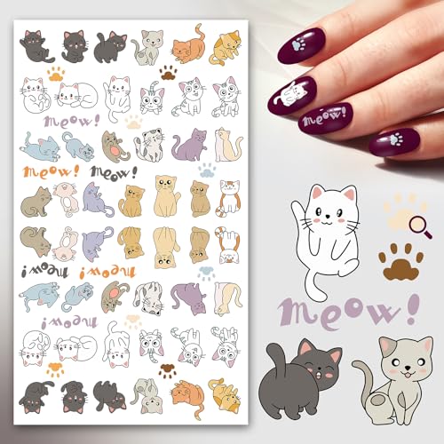 Nail Stickers Decals (5 Sheets) FLONZNAIL Cute Little Chibi Cats Nail Decor Transfer Vintage Styled Stickers