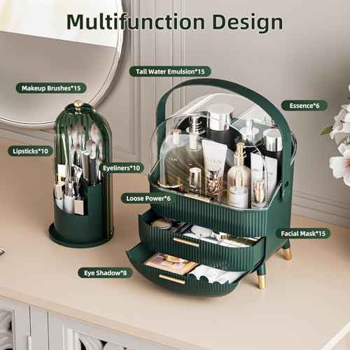 Makeup Organizers Countertop, Makeup organization for Vanity, Cosmetic Storage with Lid and Drawers, Skincare Display Cases with for Desktop, Bathroom (Green)