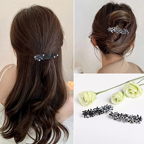 Flower Rhinestone Hair Barrettes for Women Fine Hair Glitter Sparkle Fancy Hair Clips for Women And Girls Elegant Pearl Barrettes (Black&Blue)