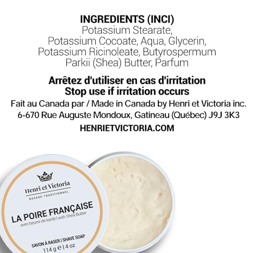 Henri et Victoria Traditional Shaving Soap For Men | La Poire Fran?aise Fragrance | Smooth Shave, Lathers Up Nicely, Long-Lasting Scent | Canadian Made by Skilled Artisan 114 g (4 oz)
