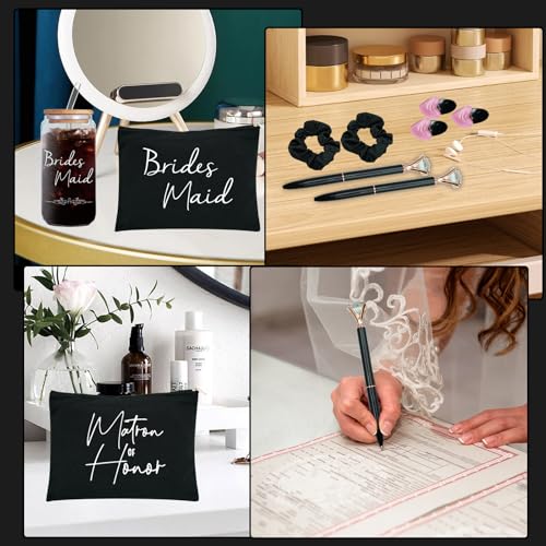 56 pcs Bridesmaid gifts bridesmaid proposal gifts, Maid of Honor Gifts contain 16oz Glass Cups Cosmetic Makeup Bags Invited Cards Scrunchies Hair Knotted Bracelets Diamond Pens love clip (Black)