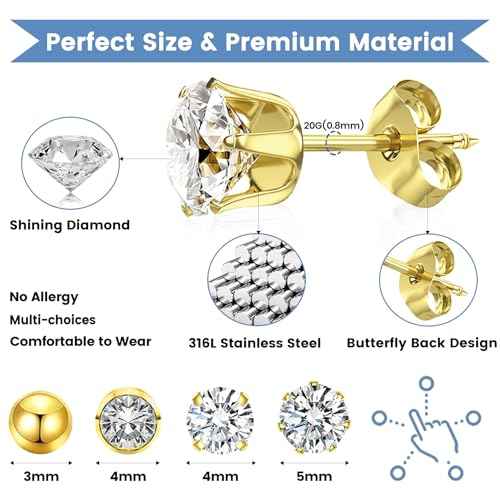 24 Pcs Ear Piercing Kit Disposable Ear Piercing Gun Kit 8 Pcs Self Piercing Gun with Cubic Zirconia Earrings Stud 4 Prong / 6 Prong Setting 3mm Diameter Ball Ear Stud Ear Piercer Kit Tool Gold