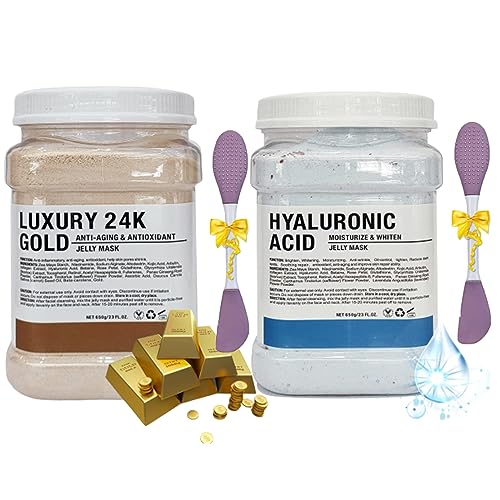 Jelly Mask Powder for Facials,Hyalorunic Acid Moisturizing Jelly Face Mask,24k Gold Jelly Face Mask,Face Masks with Double-ended Silicone Brush, 23 Fl Oz